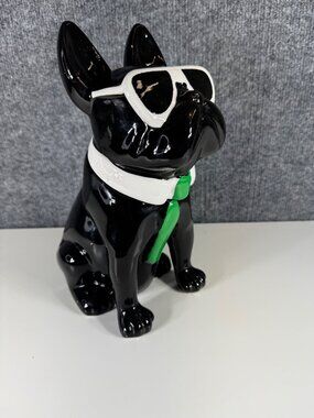 Bulldog Figurine With Sunglasses & Green Tie - Black & White Ceramic cookie jar